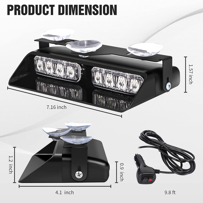 2 in 1 Emergency Dash Strobe Lights Interior Windshield Lights Amber White Warning Hazard Safety Flashing W/Suction Cups for Construction Vehicles, Trucks Car (2×7.16 Inch, 16 LED)