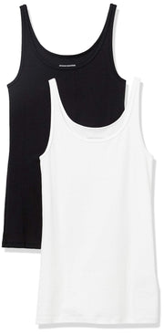 Amazon Essentials women's slim-fit thin strap scoop neck tank top, pack of 2 in black and white, medium size, displayed flat.