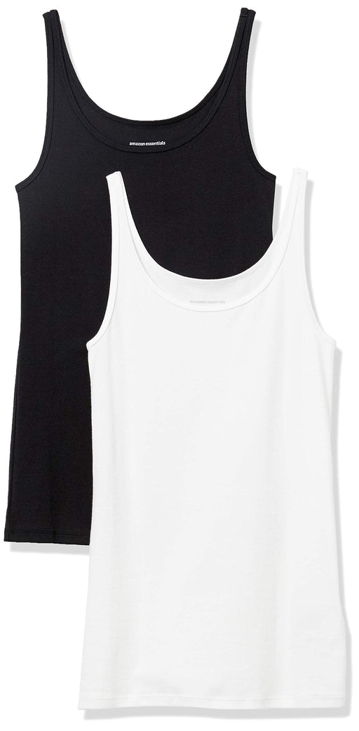 Amazon Essentials women's slim-fit thin strap scoop neck tank top, pack of 2 in black and white, medium size, displayed flat.