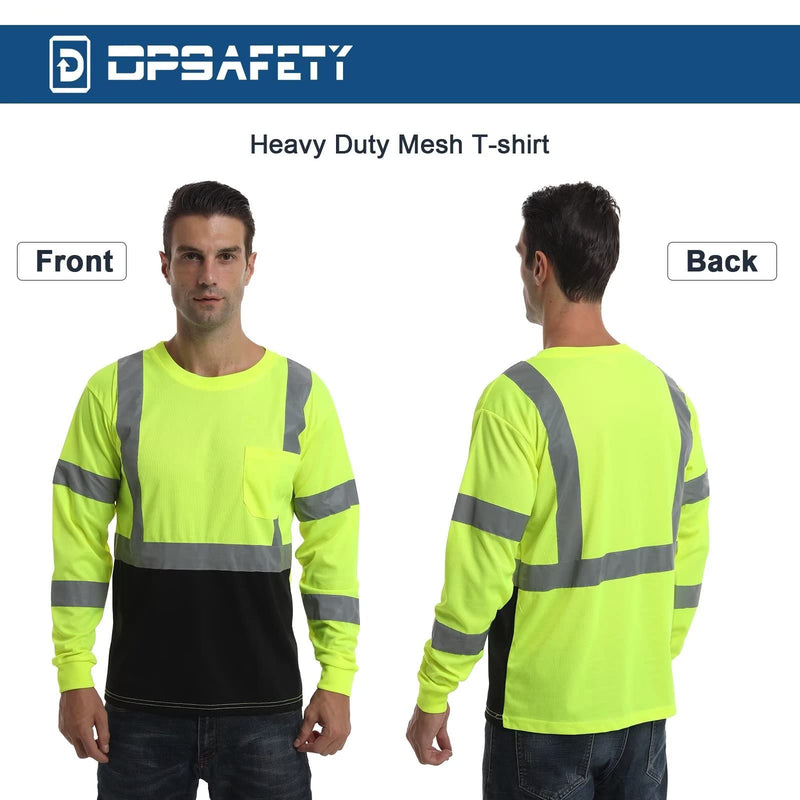 DPSAFETY High Visibility Class 3 T Shirts，Hi Vis Safety Shirts with Reflective Strips and Pocket, Long Sleeve Quick Dry Mesh Construction Work Shirt for Men/Women Black Bottom Lime，XL