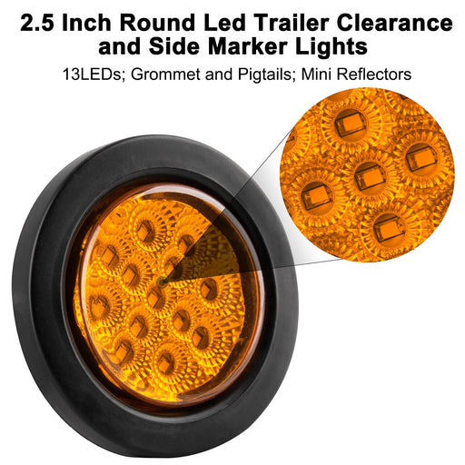Konrali 16-pack 2.5-inch round LED marker lights in amber with reflectors, sealed flush mount, includes 2 prong wire pigtails for trucks and RVs.