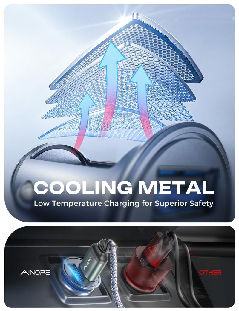AINOPE Car Charger Adapter【Smallest Metal】 4.8A Cigarette Lighter USB Car Charger Adapter Dual Port 12V USB Outlet Flush Fit for iPhone 16 Pro Max/15/14 iPad Air Samsung Galaxy S25 S24 Ultra,Black
