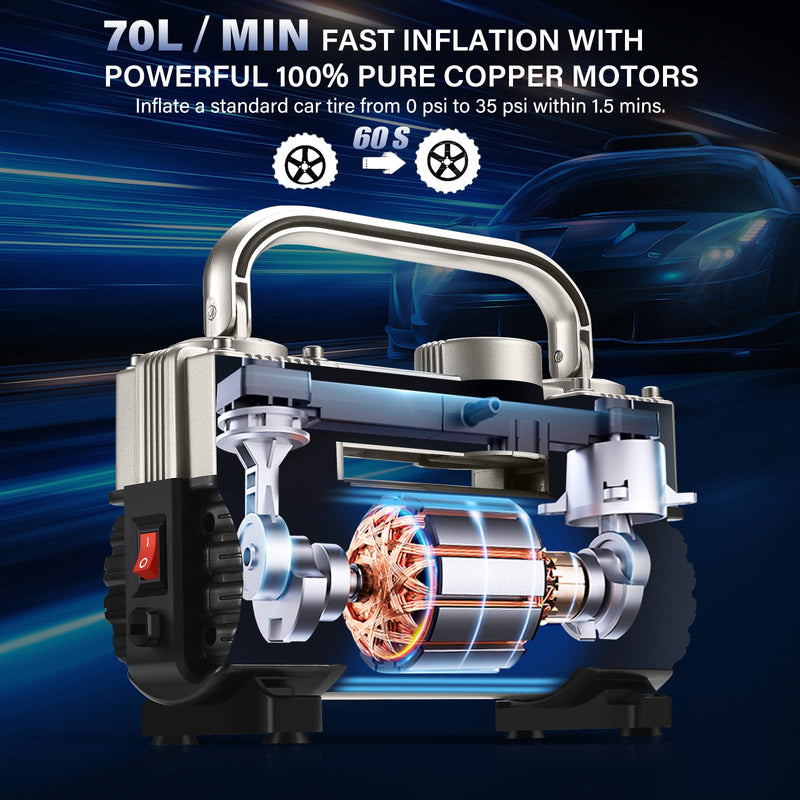 GSPSCN 6X Faster Inflation Tire Inflator Heavy Duty Double Cylinders with Portable Bag- Car Accessories，Metal 12V Air Compressor Pump 150PSI with Adapter for Car, Truck, SUV Tires, Dinghy, Air Bed