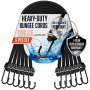 VBEST 18-inch heavy-duty black bungee cords with hooks, 6-pack outdoor bungee cord set, strong and versatile for securing items.