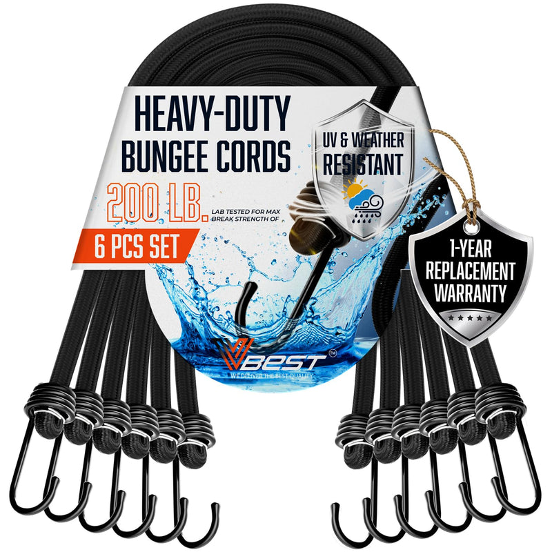 VBEST 18-inch heavy-duty black bungee cords with hooks, 6-pack outdoor bungee cord set, strong and versatile for securing items.