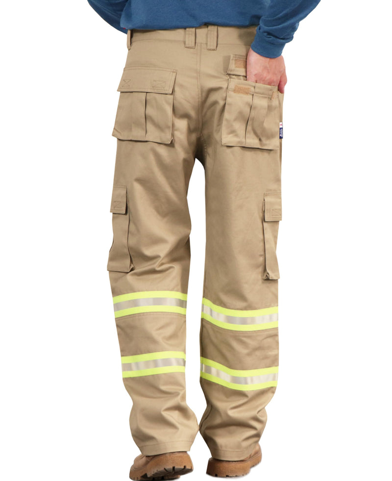 BOCOMAL high visibility cargo work pants with flame-resistant fabric, khaki color, water and oil repellent finish, multiple pockets