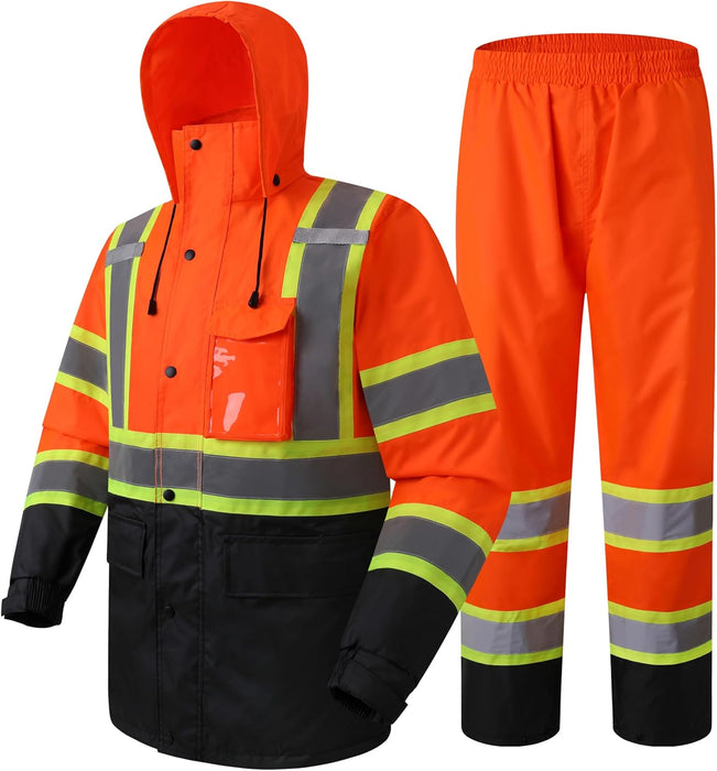 Hi-Vis Reflective Safety Rain Jacket and Pants for Men Women Waterproof Rain Gears for Farming Fishing Work HV Rain Suit with Inner Mesh Lining and Pockets (117-Black XL)