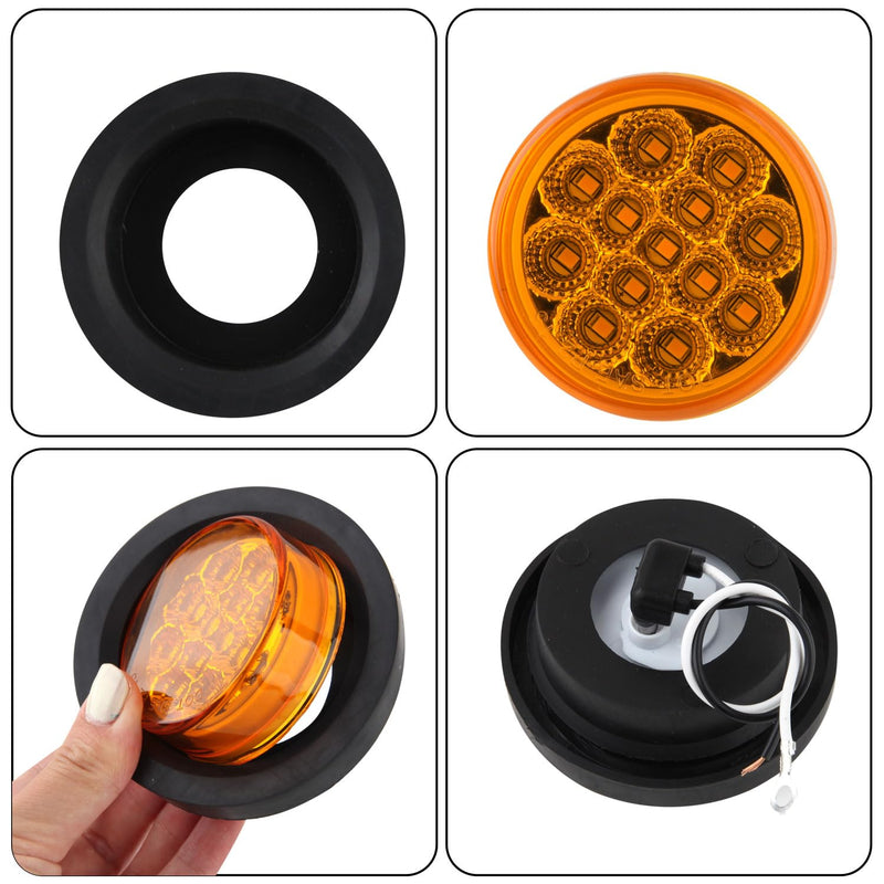 Partswcgg 2.5-inch round LED marker lights with 13 LEDs, amber and red reflectors, waterproof trailer clearance lights.