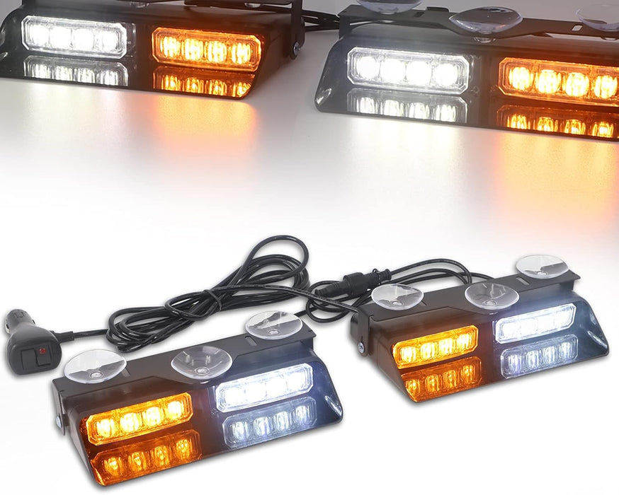 2 in 1 Emergency Dash Strobe Lights Interior Windshield Lights Amber White Warning Hazard Safety Flashing W/Suction Cups for Construction Vehicles, Trucks Car (2×7.16 Inch, 16 LED)