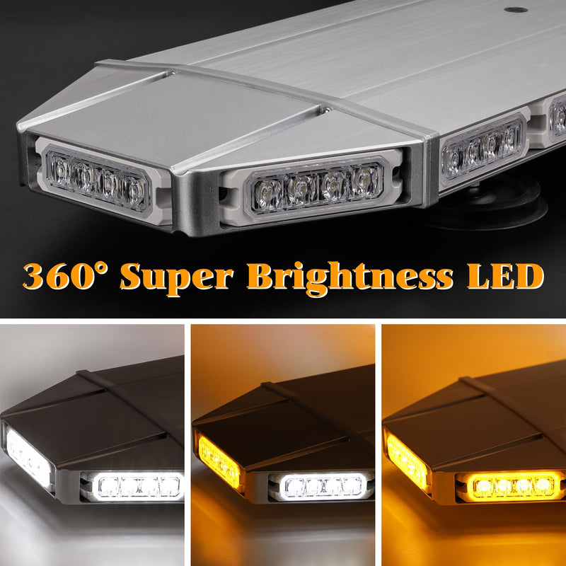 V-SEK 28-inch amber and white rooftop strobe light bar with 64 LEDs, magnetic mount, for emergency, security, and construction vehicles.