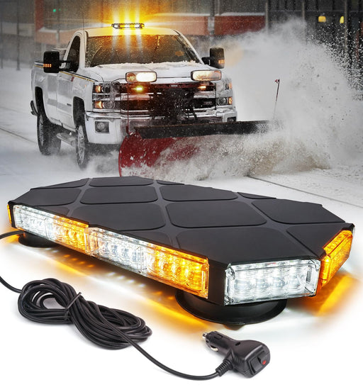 LUMENIX 56 LED roof top strobe beacon light bar in amber and white, mounted on a vehicle for hazard warning and emergency safety.