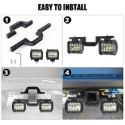EBESTauto 4-inch LED work light pods with towing hitch mount brackets on a truck or SUV, designed for off-road and trailer lighting.