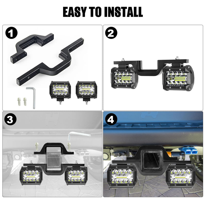 EBESTauto 4-inch LED work light pods with towing hitch mount brackets on a truck or SUV, designed for off-road and trailer lighting.