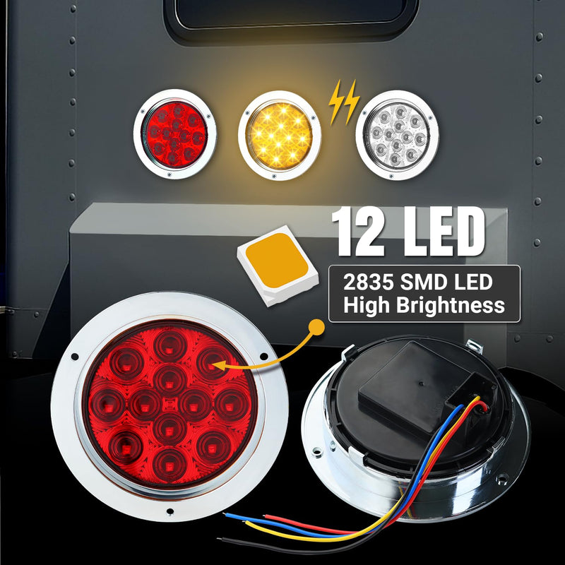 Four pack of TMH 4-inch red LED strobe trailer tail lights with chrome bezel, waterproof flush mount, solid and flashing modes.