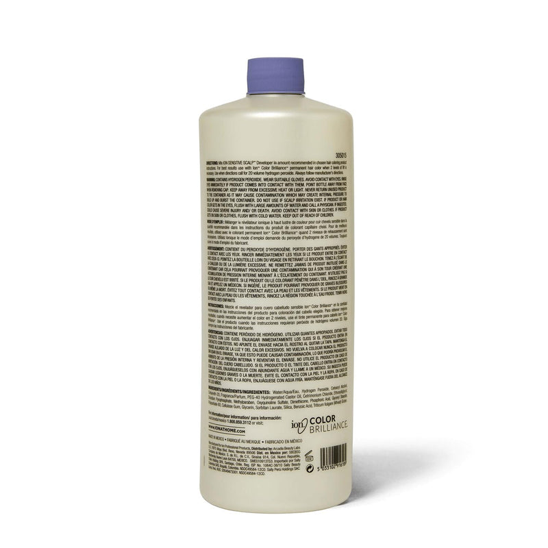 Ion Sensitive Scalp 20 Volume Creme Developer bottle, 32 oz, with clear label and white cap, used for hair coloring and bleaching.