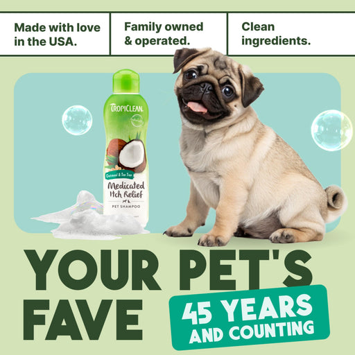 TropiClean oatmeal dog shampoo bottle with Vitamin E, designed for soothing itchy skin relief in dogs and puppies.