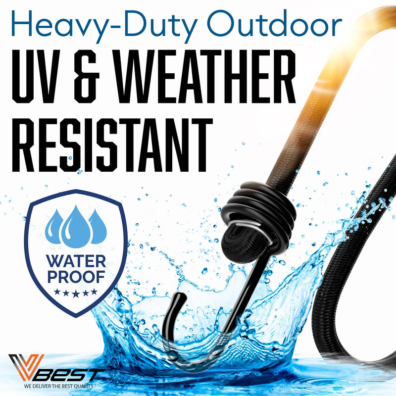 VBEST 18-inch heavy-duty black bungee cords with hooks, 6-pack outdoor set, durable and strong for securing items.