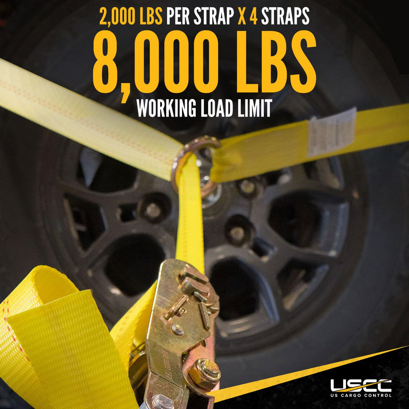 US Cargo Control Side Mount Wheel Nets with Ratchets and Flat Hooks (4-Pack), Lasso Tie Down Straps for Tire Sizes 14 Inches and More, 12,000 LBS Break Strength, Lasso Straps for Car Hauler