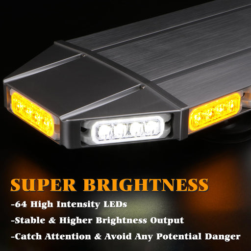V-SEK 28-inch amber and white rooftop strobe light bar with 64 LEDs, magnetic mount for emergency, security, and construction vehicles.