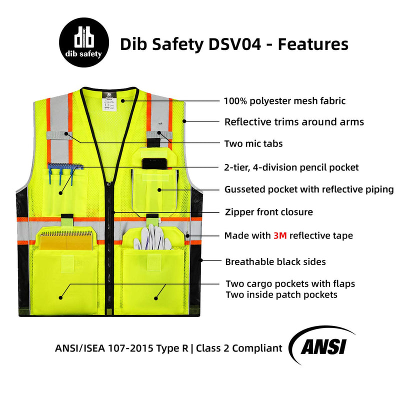 Dib Safety Reflective Vest Yellow Mesh, High Visibility Vest with Pockets and Zipper, ANSI Class 2 Heavy Duty, Made with 3M Reflective Tape L
