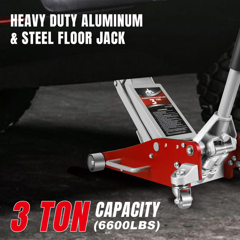 Jack Boss 3 Ton Low Profile, Aluminum and Steel Racing Floor Jack with Dual Pistons Quick Lift Pump for Sport Utility Vehicle, Lifting Range 3-15/16" min to 18-5/16" max, Net Weight 58.5 lb, Red