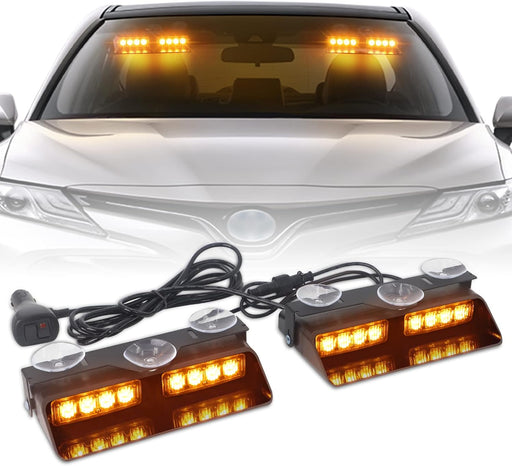 2 in 1 Emergency Dash Strobe Lights Interior Windshield Lights Amber White Warning Hazard Safety Flashing W/Suction Cups for Construction Vehicles, Trucks Car (2×7.16 Inch, 16 LED)