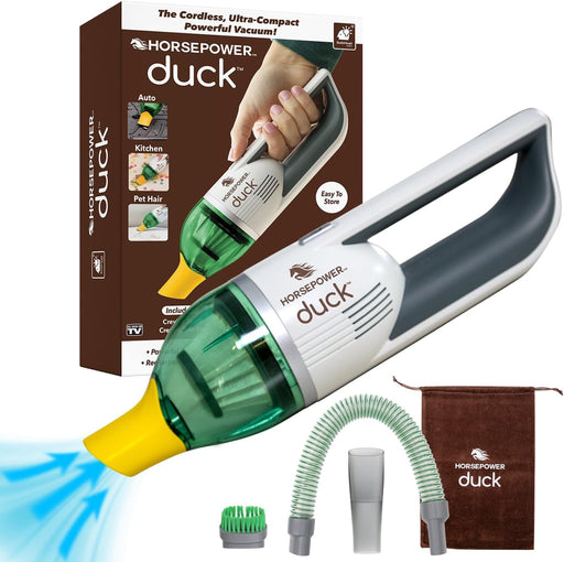 Duck Compact Cordless Vacuum by , Ultra-Powerful, Strong Suction, AS-SEEN-ON-TV, Easy to Store, Rechargeable. Home, Auto, Pet Hair, Fits in Tiny Crevices, Includes Hose, Crevice Tool & Brush