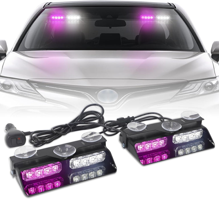 2 in 1 Emergency Dash Strobe Lights Interior Windshield Lights Amber White Warning Hazard Safety Flashing W/Suction Cups for Construction Vehicles, Trucks Car (2×7.16 Inch, 16 LED)