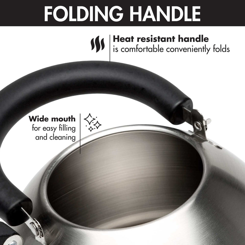 Primula Stewart Whistling Stovetop Tea Kettle Food Grade Stainless Steel, Hot Water Fast to Boil, Cool Touch Folding, 1.5-Quart, Brushed with Black Handle - Durrett Recovery