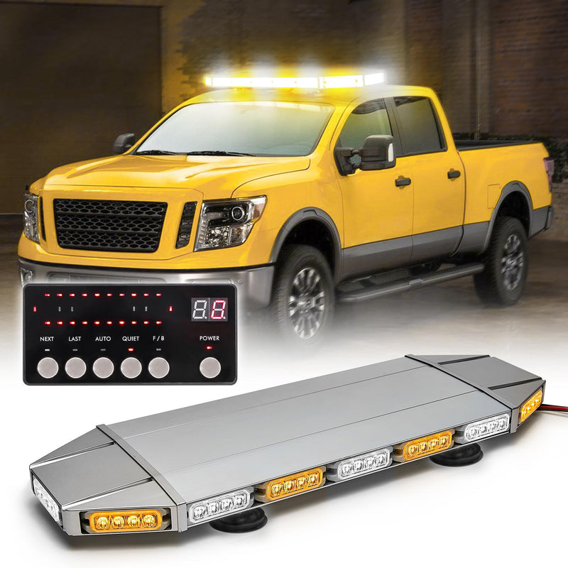 V-SEK 28-inch amber and white rooftop strobe light bar with 64 LEDs, magnetic mount, used for emergency, security, and construction vehicles.