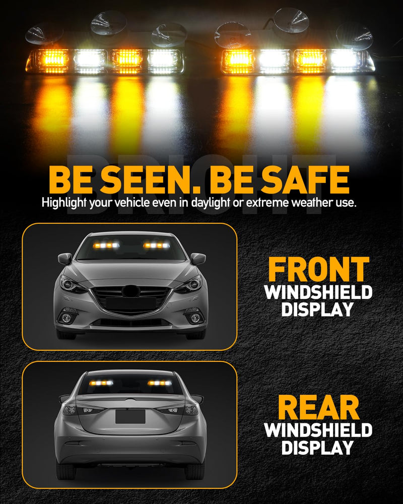 HLauto 2002L Emergency Dash Strobe Lights: Amber White Safety Lights, Flashing Warning Hazard Windshield Visor Traffic Light Bars for Trucks, Construction Vehicles (2x8.5 inch, 48LED)