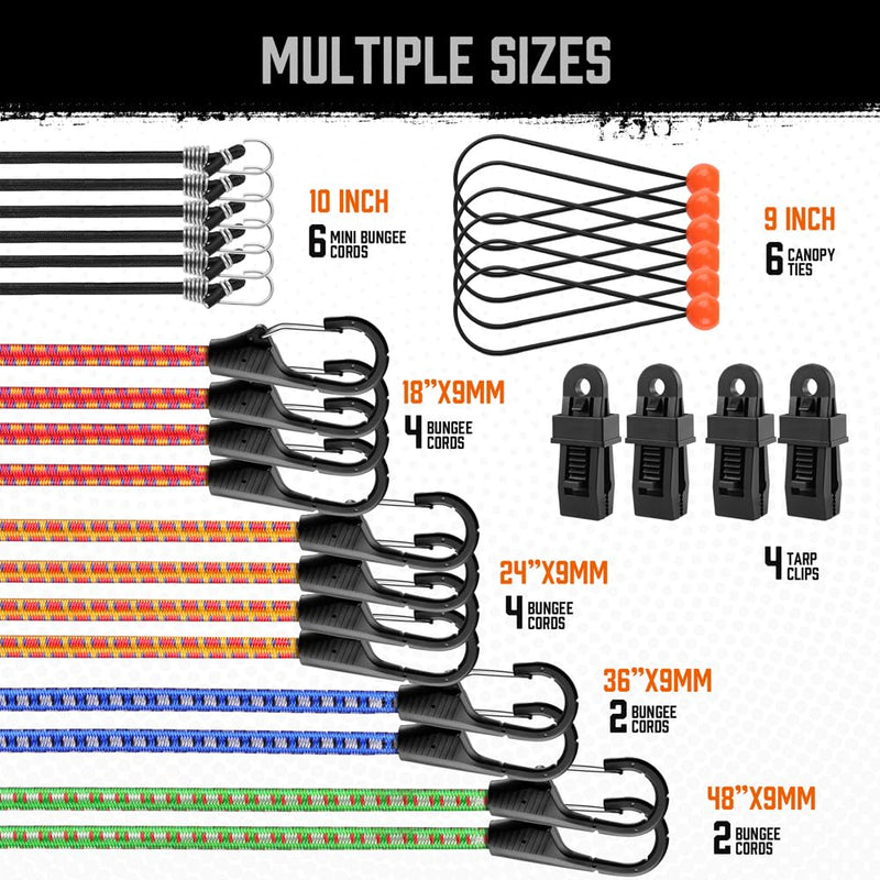 HORUSDY 28-piece bungee cords with hooks, includes 10 to 48-inch assortment for securing and bundling items.