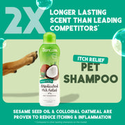 TropiClean oatmeal dog shampoo for itchy skin relief, with Vitamin E and soothing medicated formula, suitable for puppies and cats.