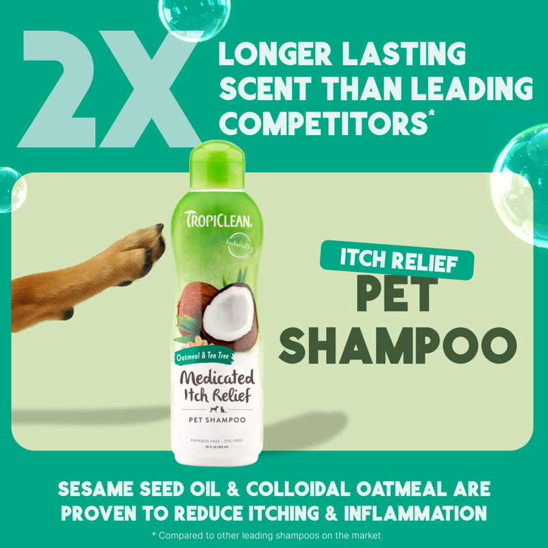 TropiClean oatmeal dog shampoo for itchy skin relief, with Vitamin E and soothing medicated formula, suitable for puppies and cats.