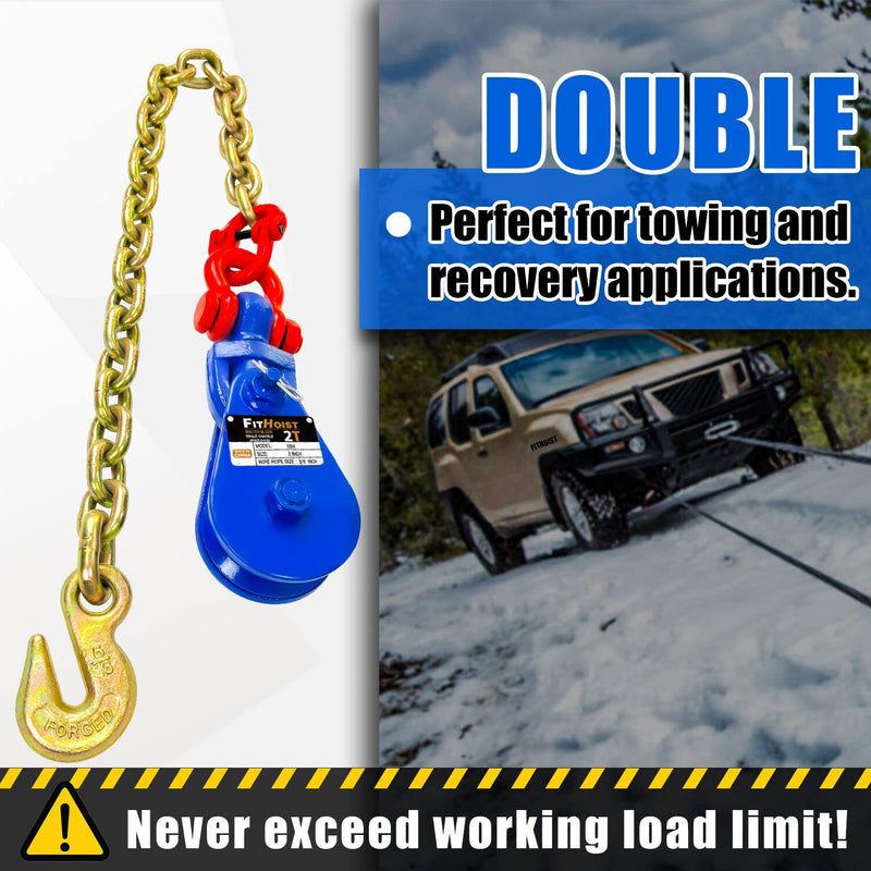 FITHOIST 2 Tons Snatch Block with G80 Chain | 3" Sheave for 3/8" Inch Wire Rope | High Strength Snatch Blocks for Towing and Recovery Applications | Tow Truck Rollback Wrecker Car Hauler Winch