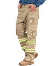 BOCOMAL high visibility cargo pants with flame-resistant fabric, water and oil repellent khaki workwear featuring multiple pockets.