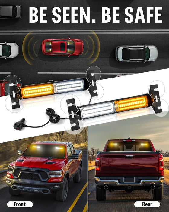 1002L Emergency Strobe Traffic Advisor Light Bar: 40 LED Dash Safety Warning Flashing Light, Front/Rear Windshield Visor for Construction Vehicle, Tow/Plow Truck (2X10.7Inch, Amber White)