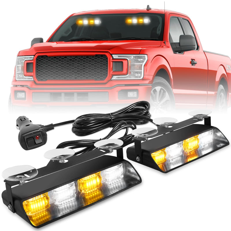 HLauto 2002L Emergency Dash Strobe Lights: Amber White Safety Lights, Flashing Warning Hazard Windshield Visor Traffic Light Bars for Trucks, Construction Vehicles (2x8.5 inch, 48LED)