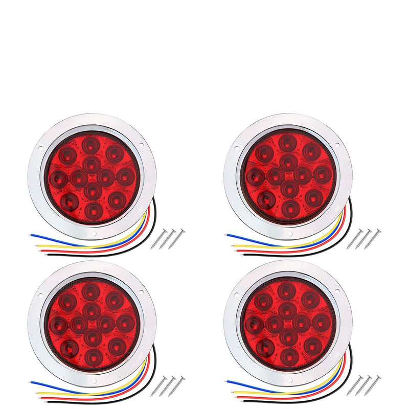 Four red LED trailer tail lights with chrome bezels, waterproof flush mount design, solid and flashing strobe modes, 12V TMH brand