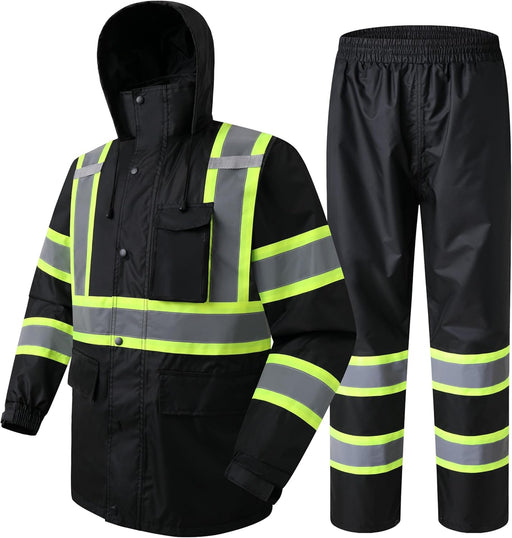Hi-Vis Reflective Safety Rain Jacket and Pants for Men Women Waterproof Rain Gears for Farming Fishing Work HV Rain Suit with Inner Mesh Lining and Pockets (117-Black XL)