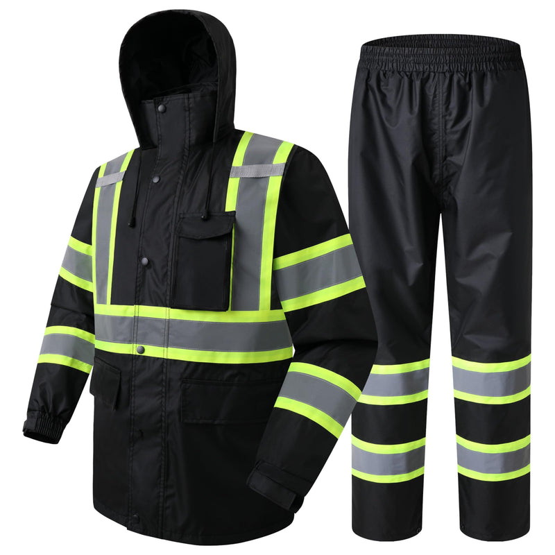 JKSafety Hi-Vis Reflective Safety Rain Jacket and Pants for Men Women Waterproof Rain Gears for Farming Fishing Work HV Rain Suit with Inner Mesh Lining and Pockets (117-Black XL)