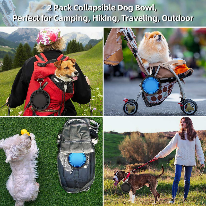 Kytely Large Collapsible Dog Bowls 2 Pack, 34oz Foldable Dog Travel Bowl, Portable Pet Water Food Bowl with Clasp, Pet Cat Feeding Cup Dish for Traveling, Walking, Hiking (Black+Blue)