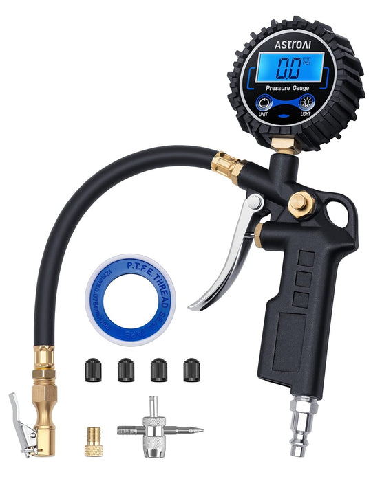 Digital Tire Pressure Gauge with Inflator, 3-250 PSI Air Chuck & Compressor Accessories Heavy Duty with Quick Connect Coupler, 0.1 Display Resolution, 1Pack