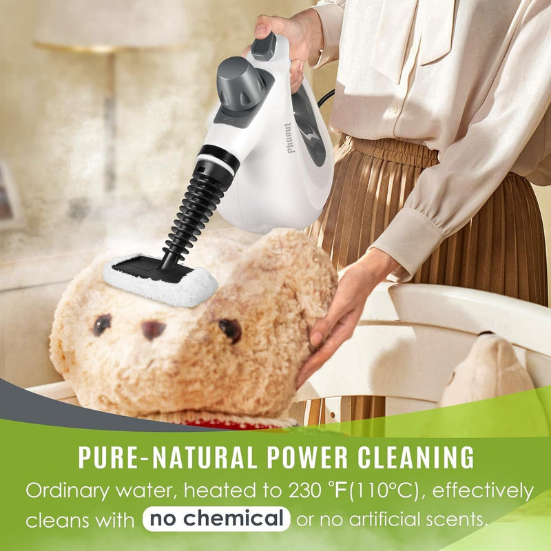 Phueut Pressurized Handheld Multi-Surface Natural Steam Cleaner with 12 pcs Accessories, Multi-Purpose Steamer for Home Use, Steamer for Cleaning Floor, Upholstery, Grout and Car (Grey)