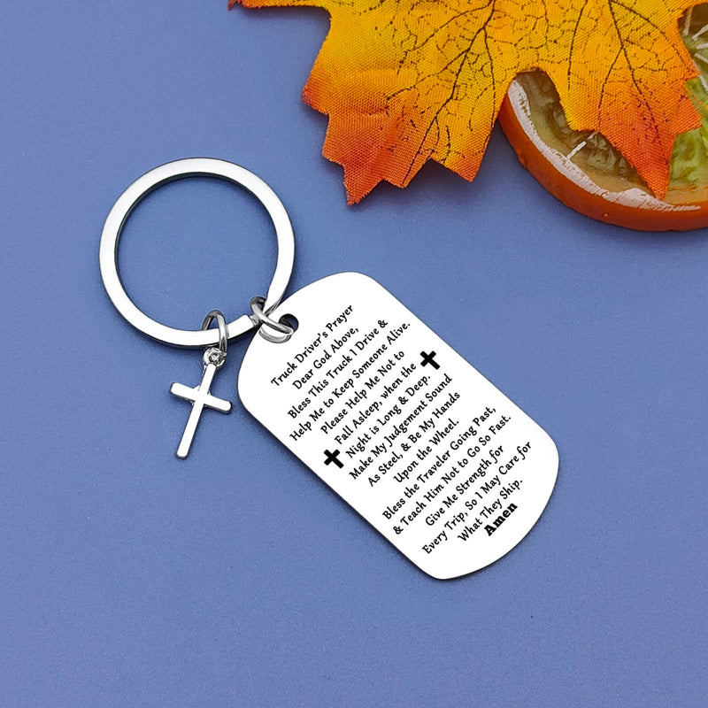 Jielahua Truck Driver's Prayer Keychain (Silver, Modern Style) - Trucker Gift for Dad, Husband, Boyfriend, Men - Drive Safe Keychain for Birthday, Christmas, Thanksgiving