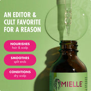 Mielle Organics Rosemary & Mint Hair Oil bottle with dropper, designed for strengthening, frizzy, damaged hair, and dry scalp treatment.