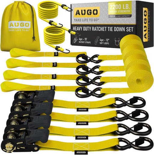 Ratchet Straps Heavy Duty 4 Pack -15 FT - 2200 LB Break Strength – with Safety Lock S Hooks - Cargo Straps for Moving, Appliances, Motorcycle – Soft Loop Tie down Straps