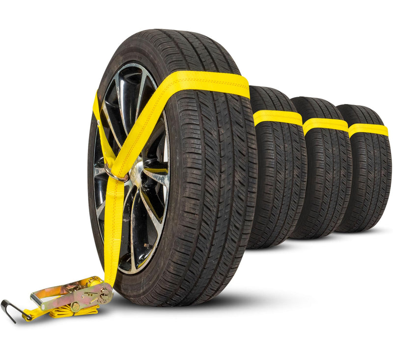 US Cargo Control Side Mount Wheel Nets with Ratchets and Flat Hooks (4-Pack), Lasso Tie Down Straps for Tire Sizes 14 Inches and More, 12,000 LBS Break Strength, Lasso Straps for Car Hauler