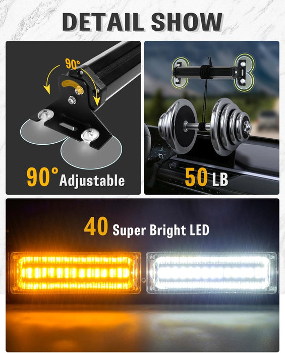1002L Emergency Strobe Traffic Advisor Light Bar: 40 LED Dash Safety Warning Flashing Light, Front/Rear Windshield Visor for Construction Vehicle, Tow/Plow Truck (2X10.7Inch, Amber White)