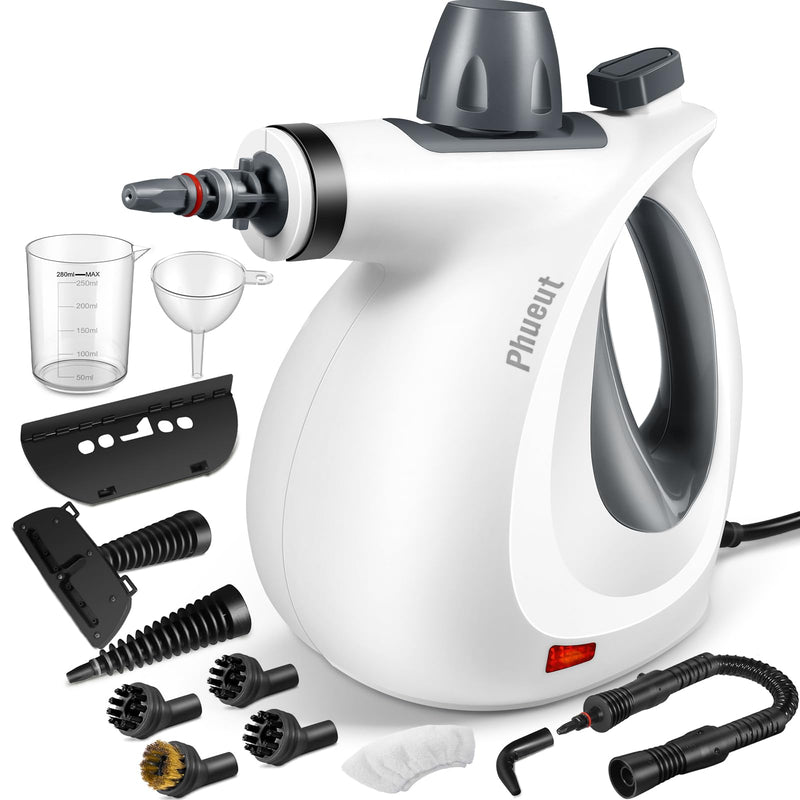 Phueut Pressurized Handheld Multi-Surface Natural Steam Cleaner with 12 pcs Accessories, Multi-Purpose Steamer for Home Use, Steamer for Cleaning Floor, Upholstery, Grout and Car (Grey)
